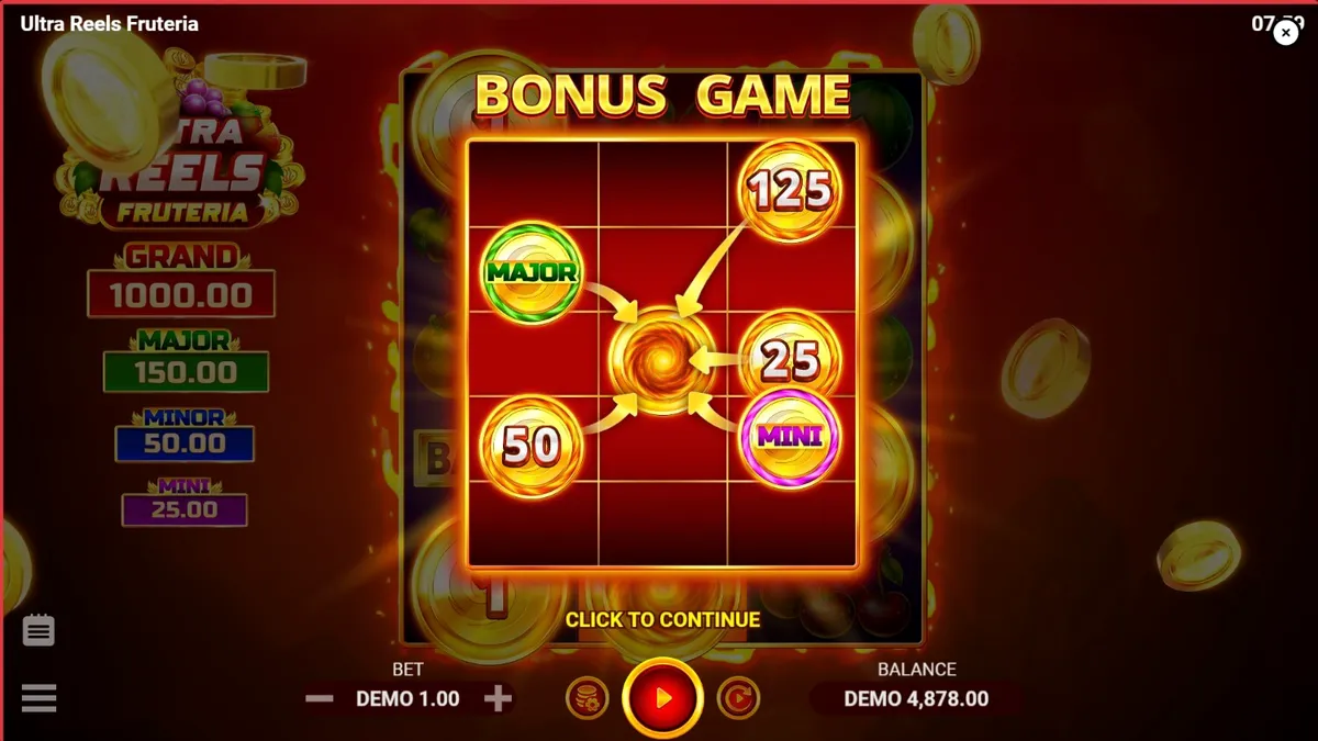 Tampilan visual slot Ultra Reels Fruteria dengan simbol buah cerah dan latar belakang karnaval