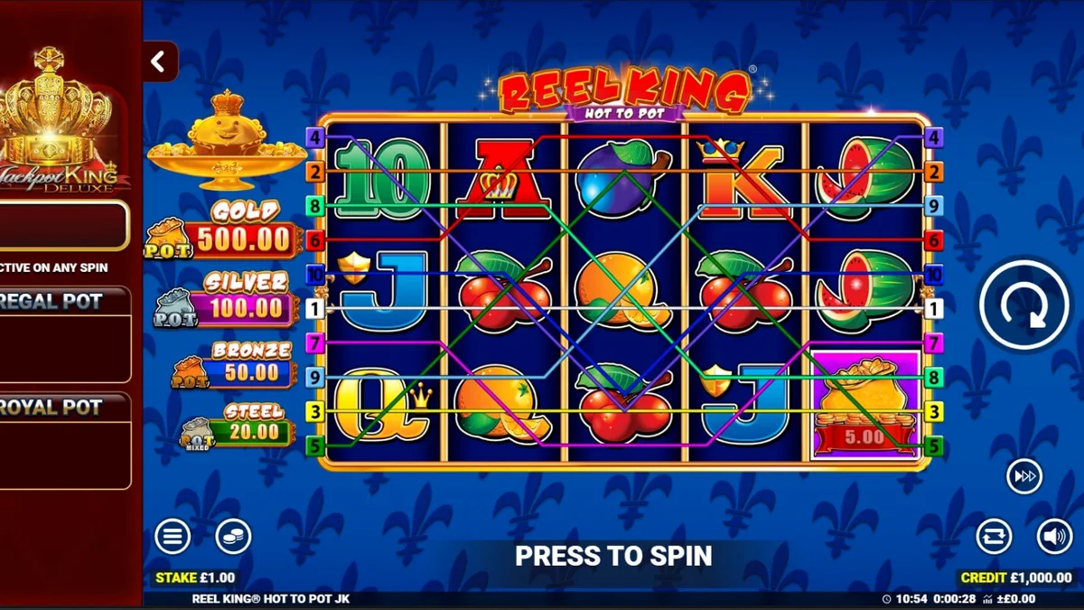 Tampilan visual slot Reel King Hot to Pot dengan simbol mahkota dan buah-buahan emas